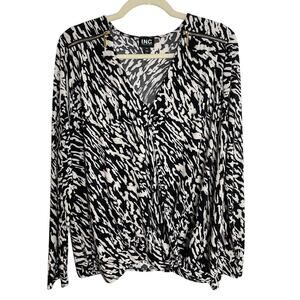 INC Womens Animal Print Draped Long Sleeve Blouse Gold Zipper Career Top size XL